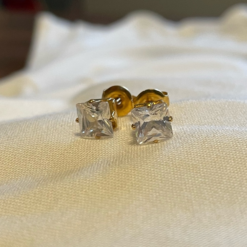 Cubic Zirconia Square Stud Earrings with Gold Plated Stem
